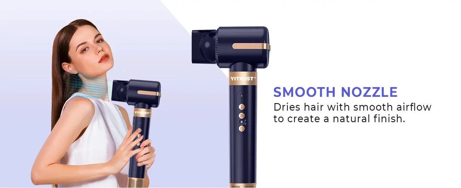 YITRUST 7-in-1 hair dryer brush in navy with rose-gold accents, handheld styling tool for smooth airflow.