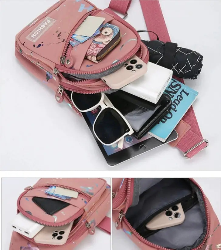 Chest bag crossbody pink by Simples Market with multiple zip pockets; holds phone, tablet and sunglasses (3 items).