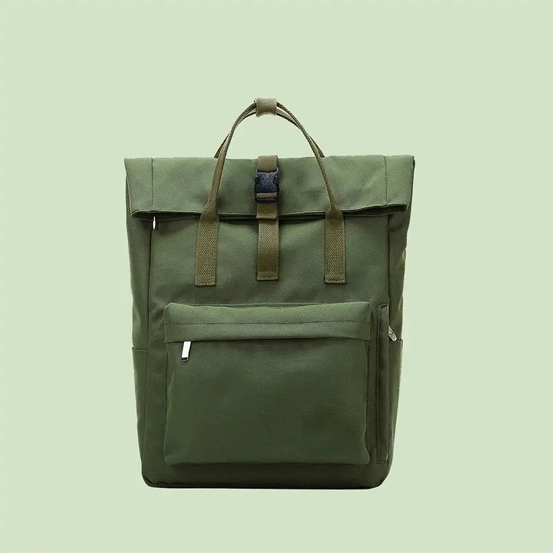 Green school backpack by Simples Market with front zip pocket and top carrying handles, large capacity.