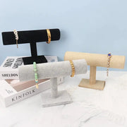 Velvet And Wood Jewelry Display Stand Rack T Bar For Bracelets Watches Necklaces Holder Velvet Interior
