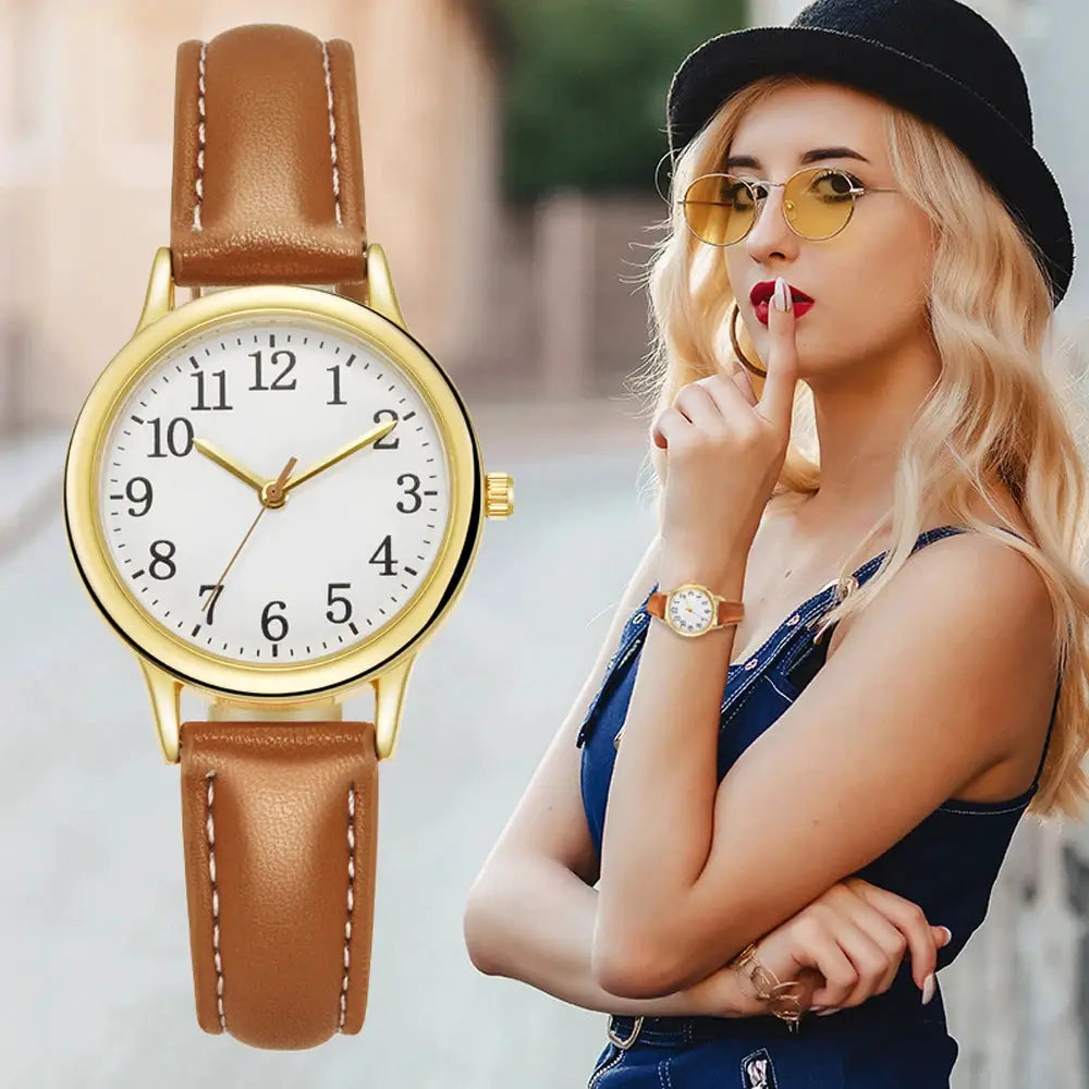 Leisure Fashion Women Quartz Wristwatch With Easy Read Arabic Numerals Simple Dial Candy Color PU Leather Strap