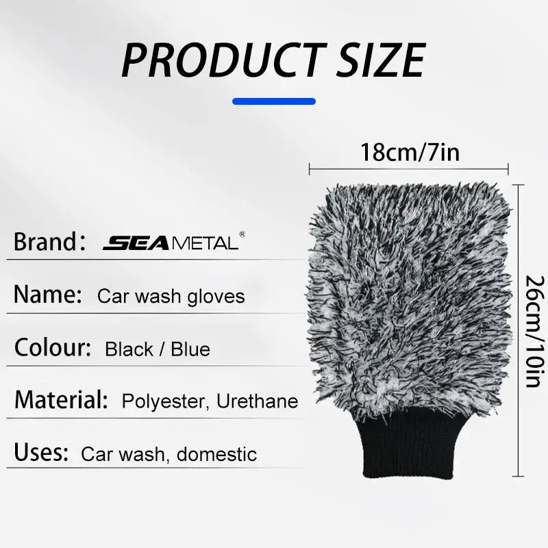 SEAMETAL car wash gloves plush mitt, black/blue, polyester/urethane, non-slip handle