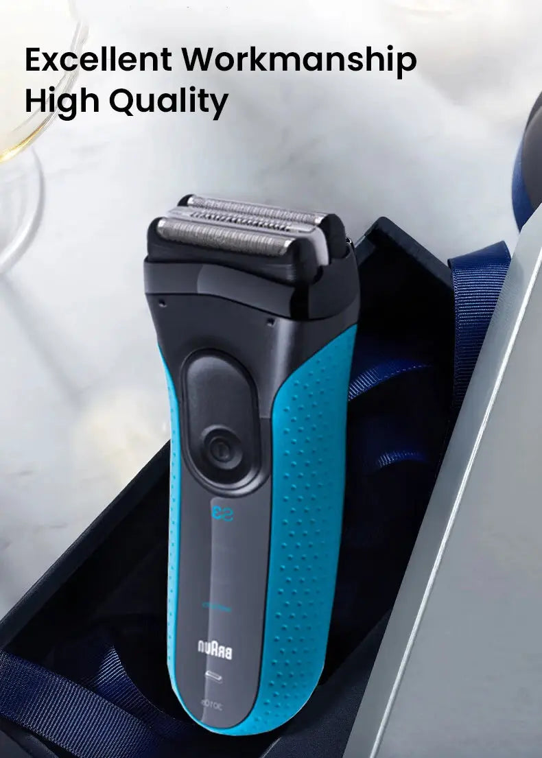 Braun Series 3 ProSkin electric shaver with teal blue sides and trimmer