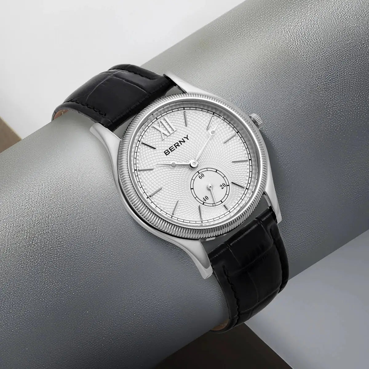BERNY men's wristwatch with silver textured dial and black leather band