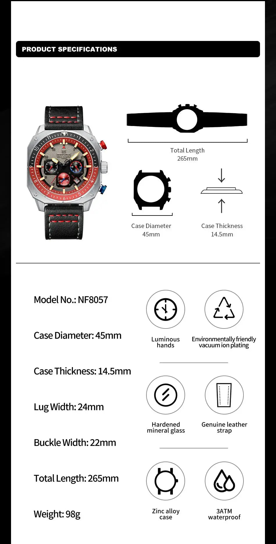 NAVIFORCE sports multifunction waterproof watch with black leather strap and red bezel