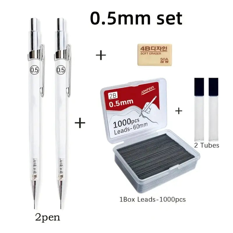 Transparent 0.5mm mechanical pencils set: 2 pencils, eraser, 1 box of leads (1000pcs), and 2 refill tubes