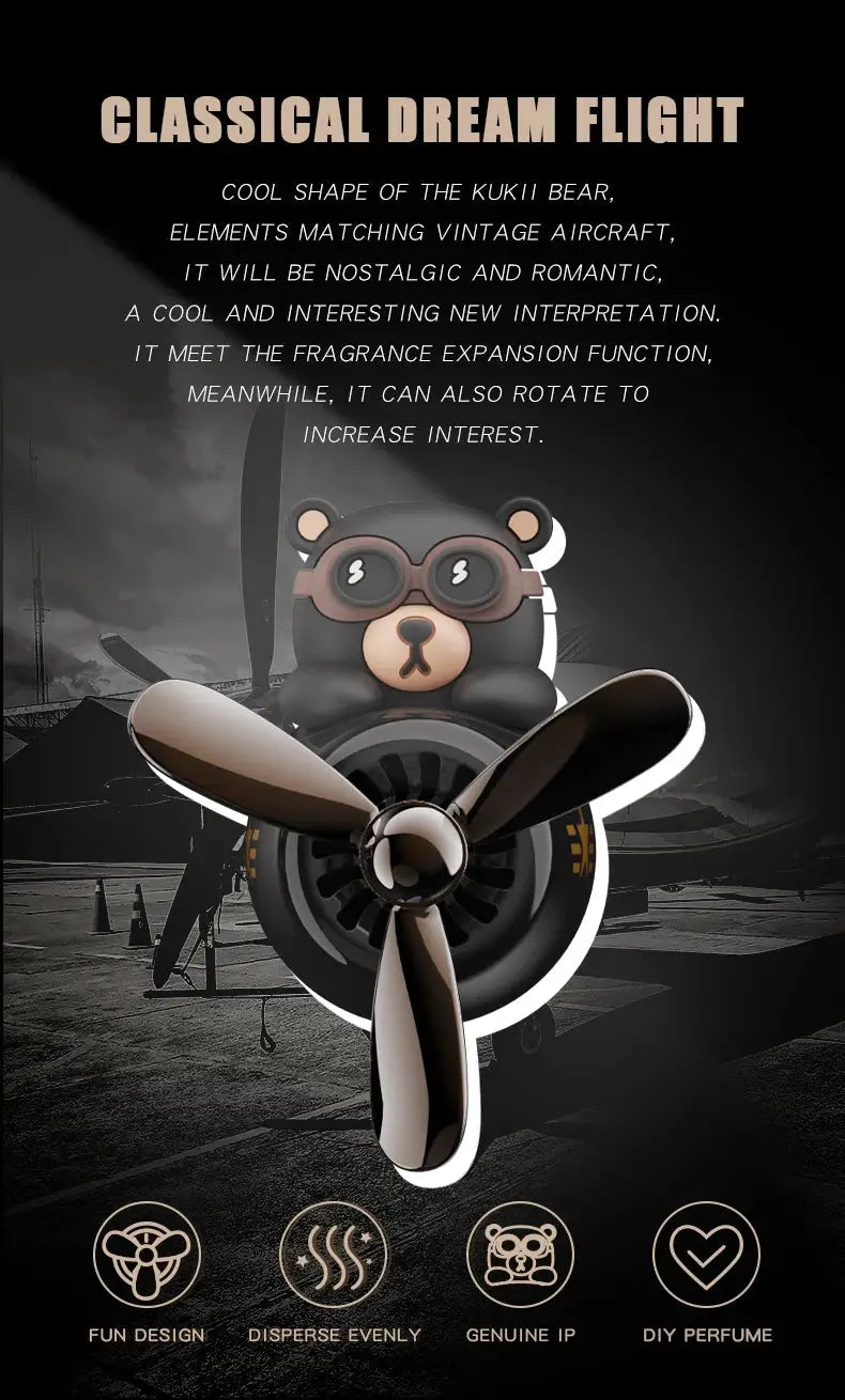 Bear plane-pilot car air freshener vent clip with propeller and goggles