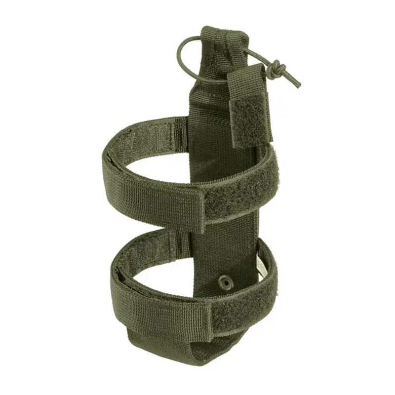 Molle water bottle pouch in olive green with adjustable Velcro straps and drawstring for outdoor hiking.