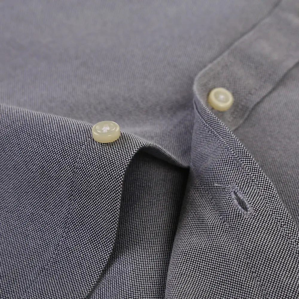 Men's long-sleeve oxford shirt; gray micro-textured fabric, casual button-down
