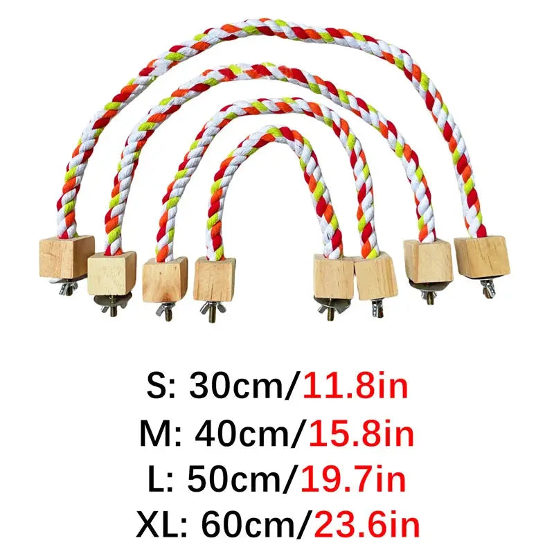 Parrot cotton rope bird toy set with wooden blocks, colorful climbing swings, Simples Market, sizes S–XL