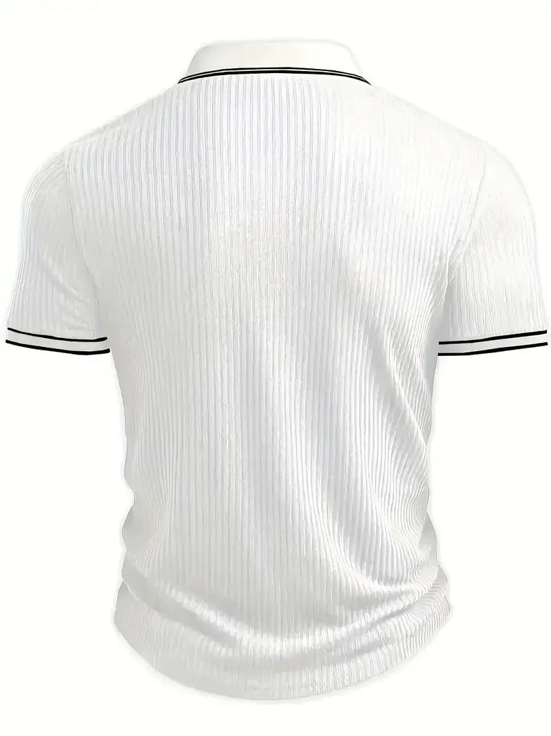 White men's polo shirt, back view, ribbed texture with black trim on collar and sleeve cuffs.