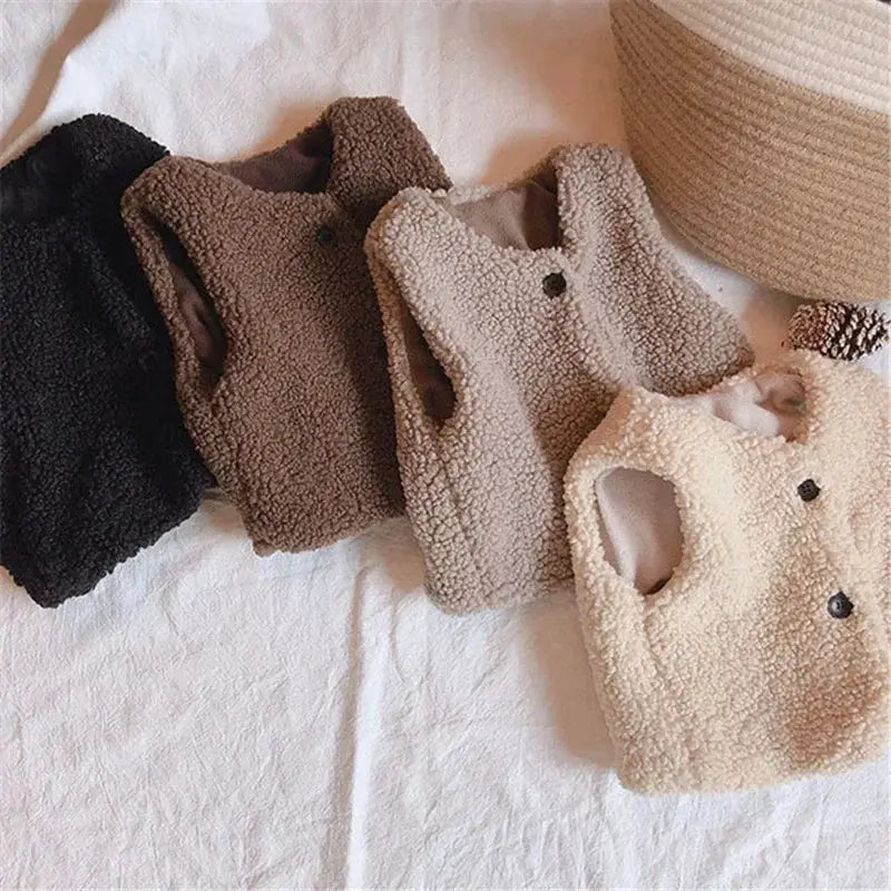 Autumn Winter Baby Lamb Wool Velvet Waistcoat For Girls And Boys Plush Vest Single Breasted V Neck Warm Coat