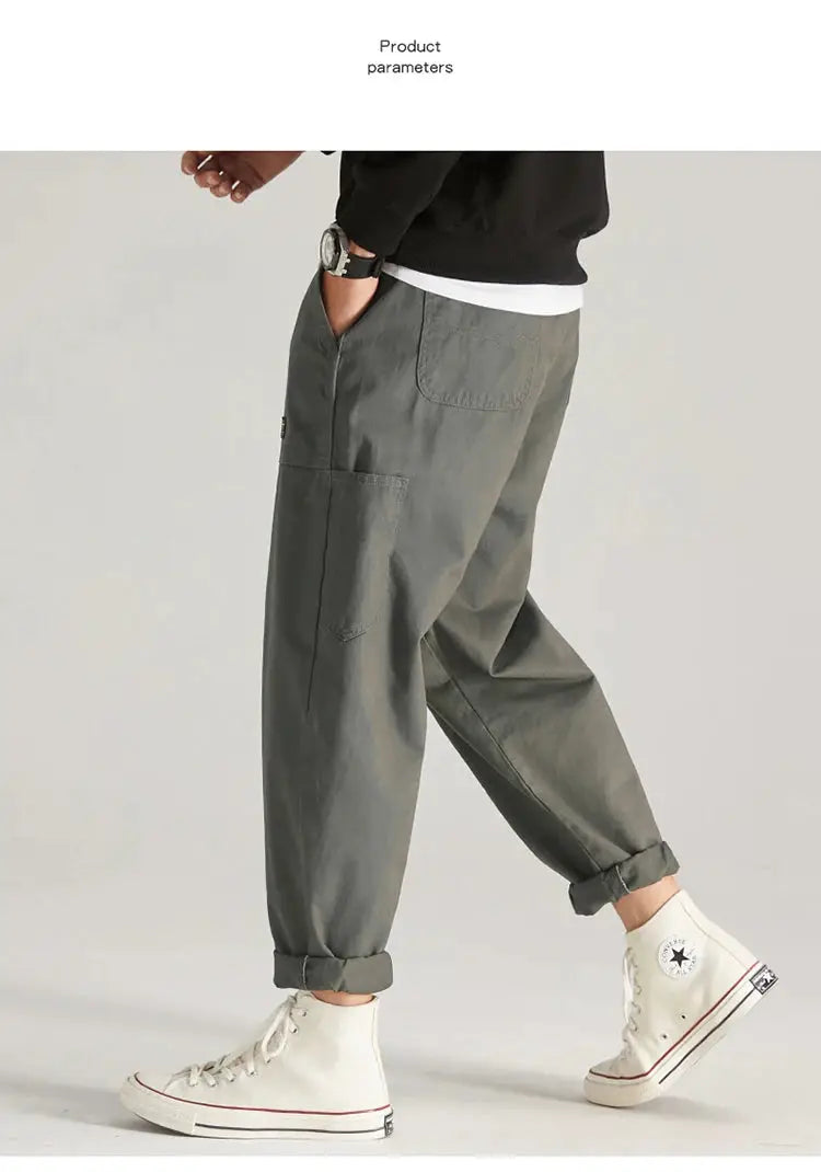 HIQOR men's cargo pants by Simples Market in olive-gray, baggy multi-pocket design with rolled cuffs