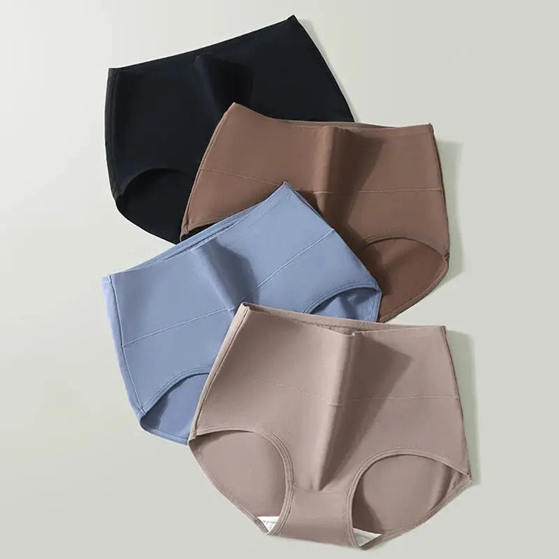 Simples Market 4-pack high-waist cotton panties set in black, brown, blue, and beige.