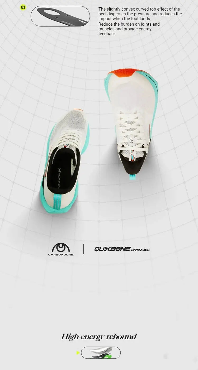 361 Degrees Flame 4.0 MIX men running shoes, white turquoise accents, carbon plate; Carbondome logo visible, two shoes.