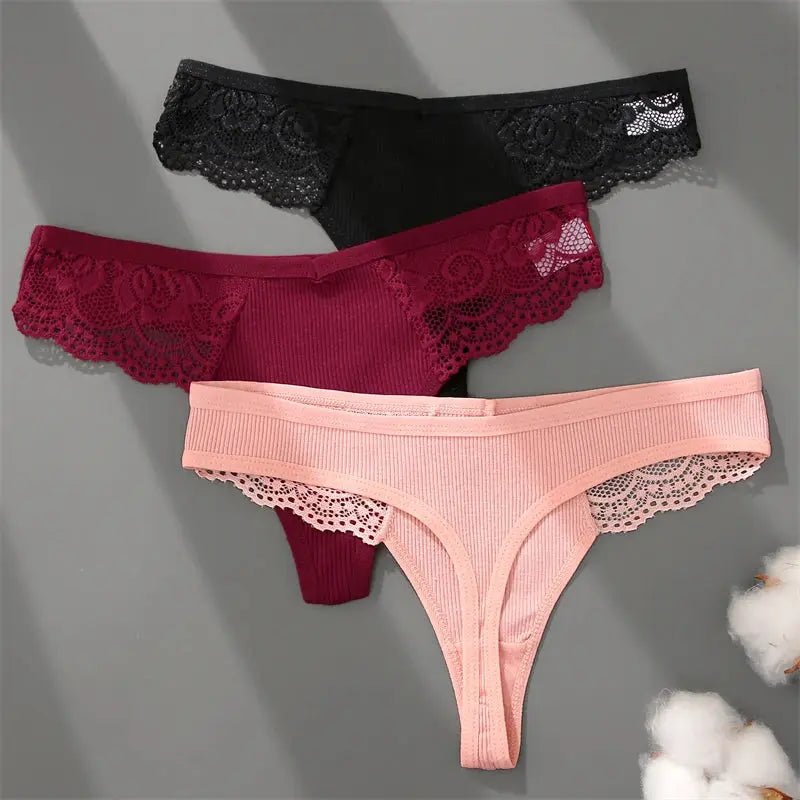 FINETOO 3-pack women's cotton lace thong panties in black, burgundy, and blush pink; low-rise, breathable.