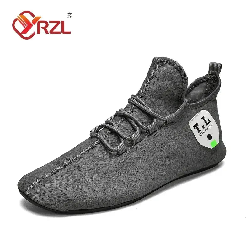YRZL men's gray mesh loafers with lace-up moccasin design, breathable non-slip casual walking shoes