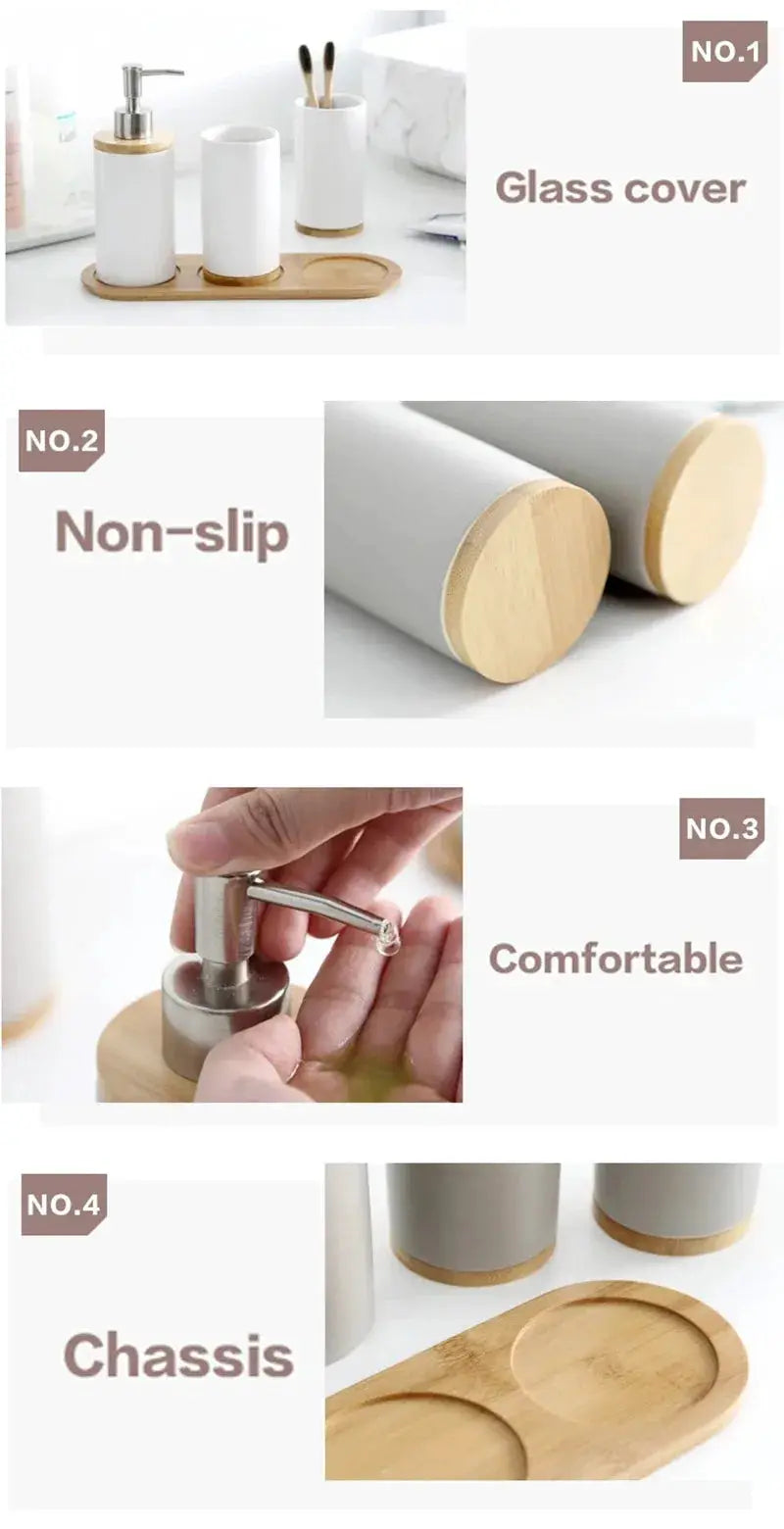 Simples Market ceramic bathroom accessories set of 3: white dispenser, toothbrush holder and tumbler on a bamboo tray