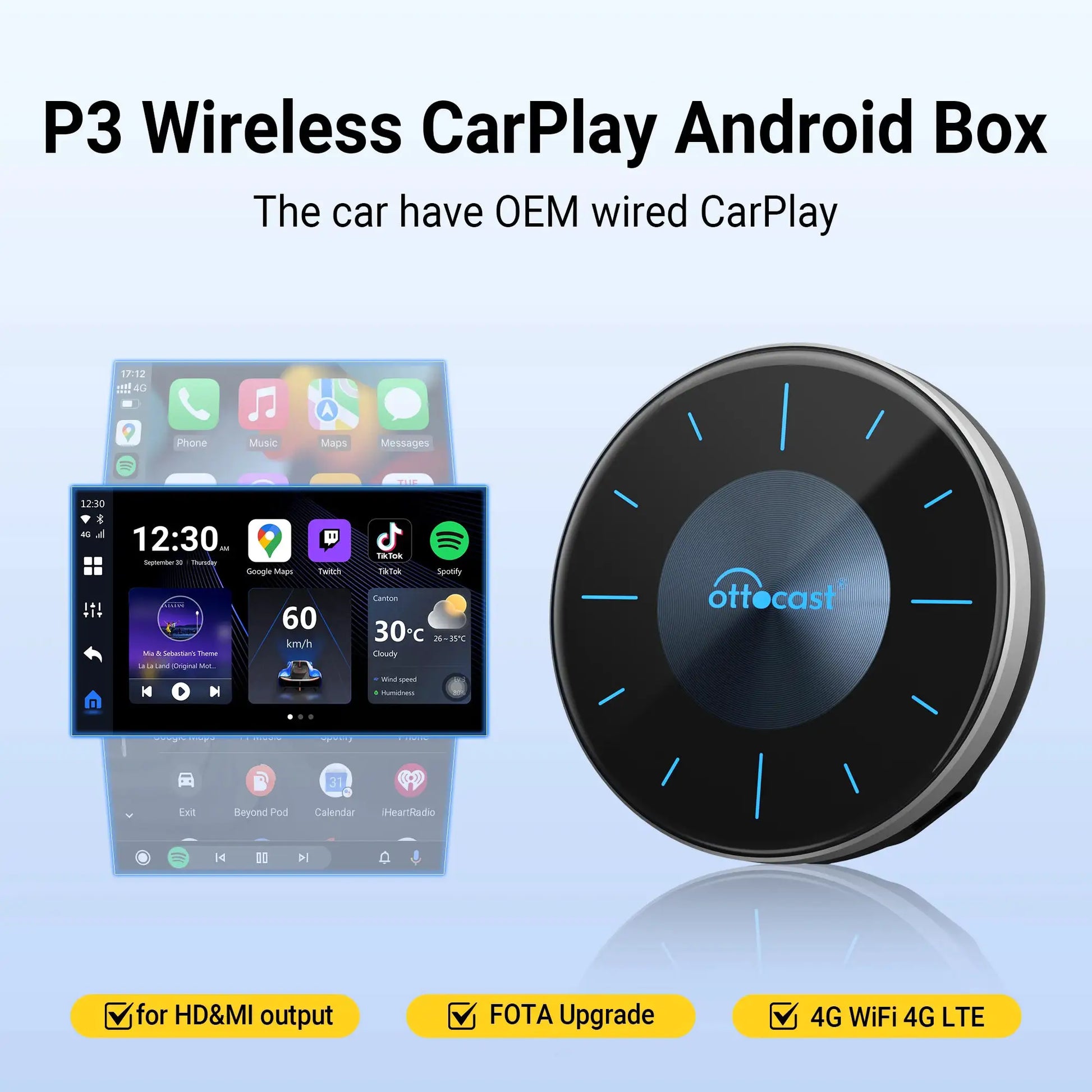 Ottocast P3 wireless CarPlay Android Auto AI box; black round car infotainment device with blue accents and Ottocast logo
