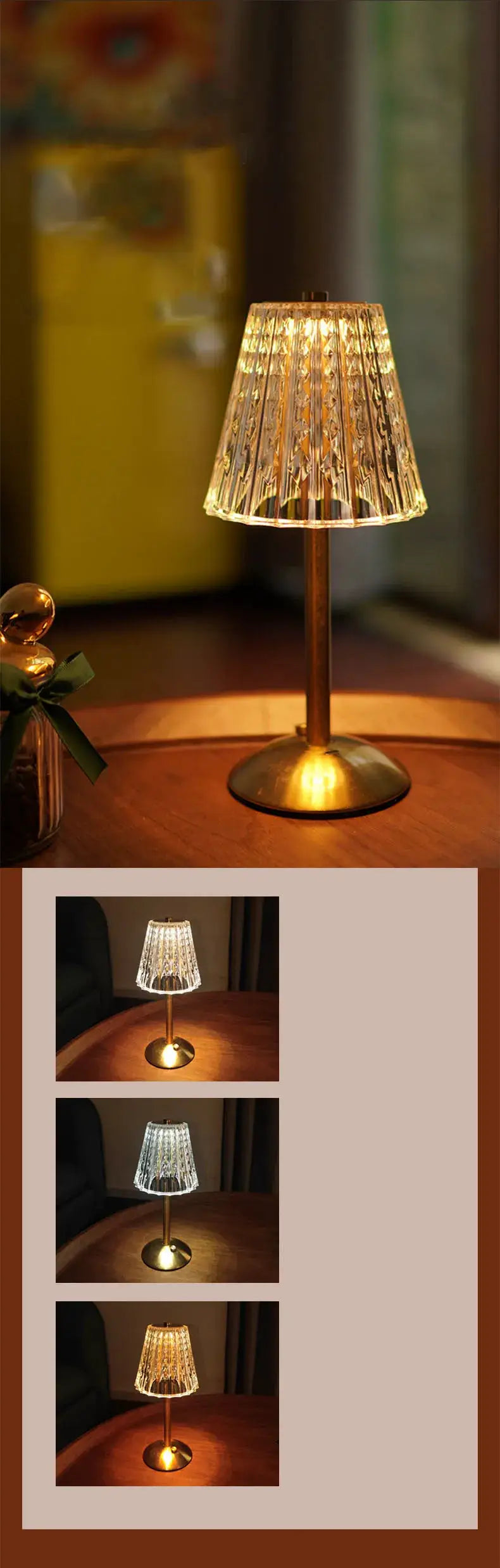 Crystal retro table lamp with brass base and faceted glass shade, emitting a warm ambient glow
