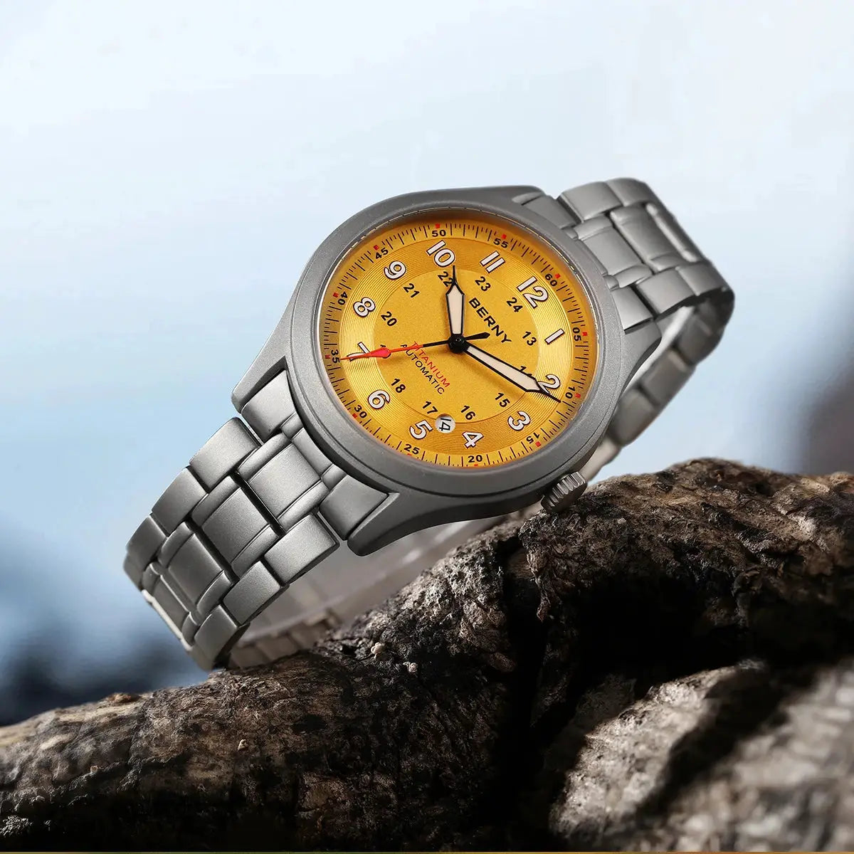 BERNY automatic titanium men's watch with yellow dial and metal bracelet