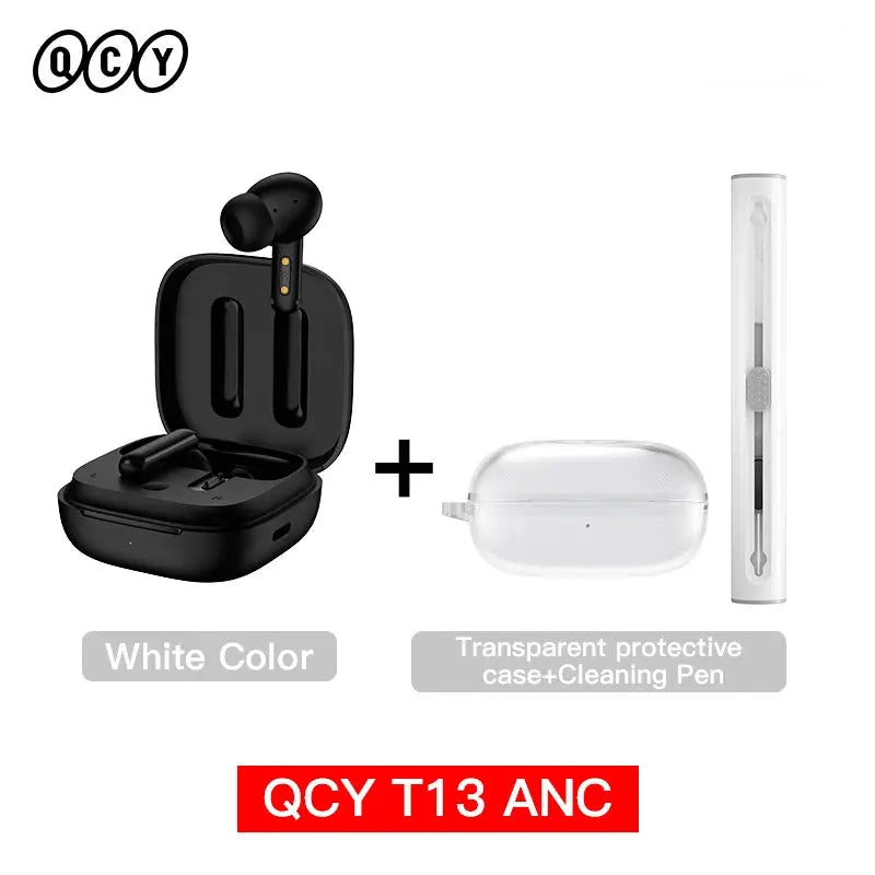 QCY T13 ANC wireless earbuds with charging case in black; includes transparent protective case and cleaning pen