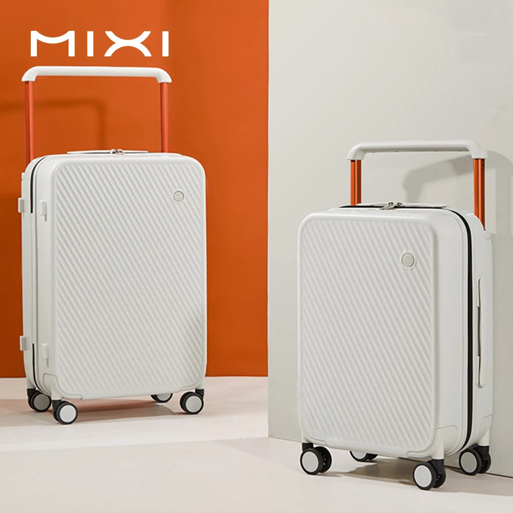 Mixi white hardside travel luggage set of 2 with orange handles, 20 and 24 inch, spinner wheels