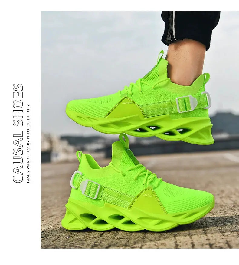 Sneakers pair in neon-green mesh with thick lattice soles and adjustable strap