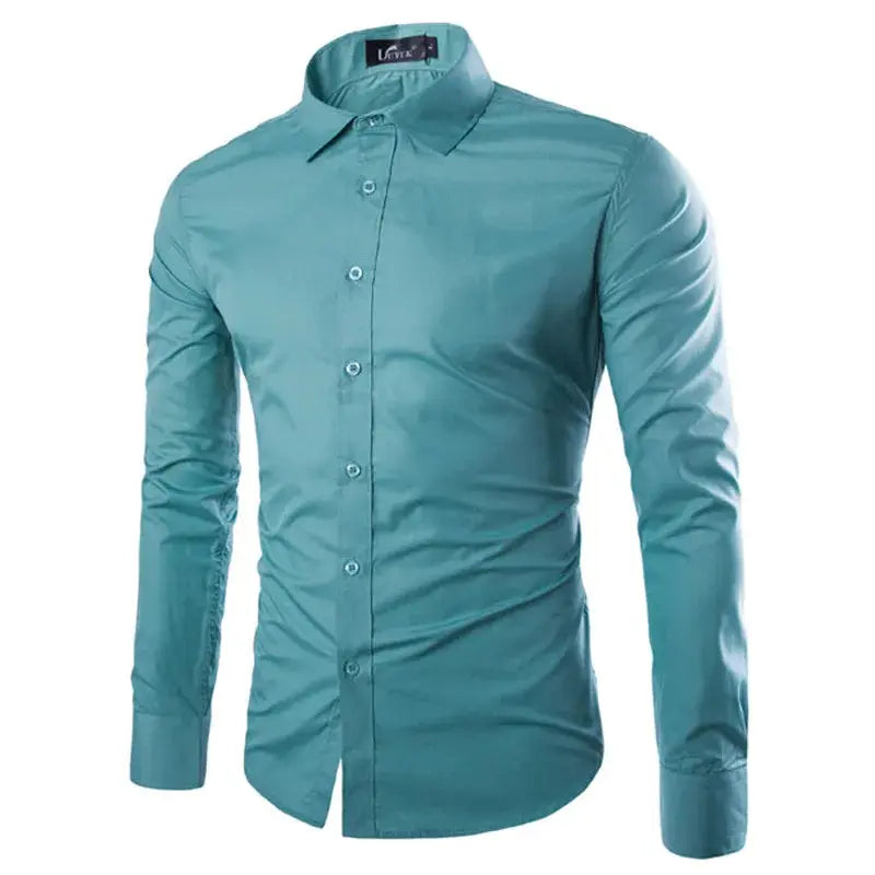 Men's long-sleeve teal shirt, solid color casual dress shirt