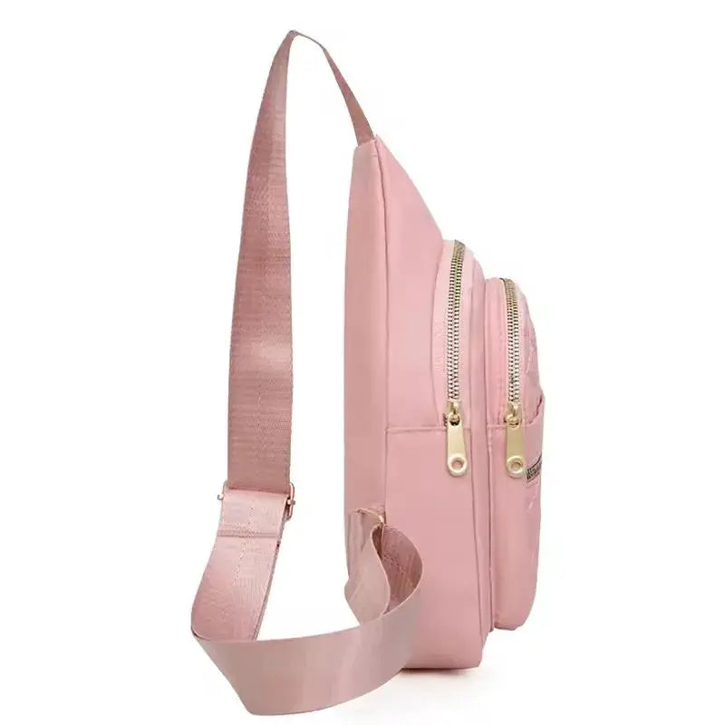 Simples Market pink minimalist chest bag with large capacity, multi-layer front compartments and adjustable strap