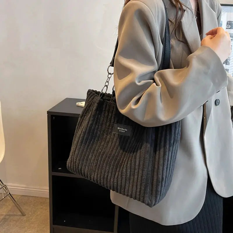 Women corduroy shoulder bag in dark gray, solid color handbag with fixed strap, large capacity for daily use