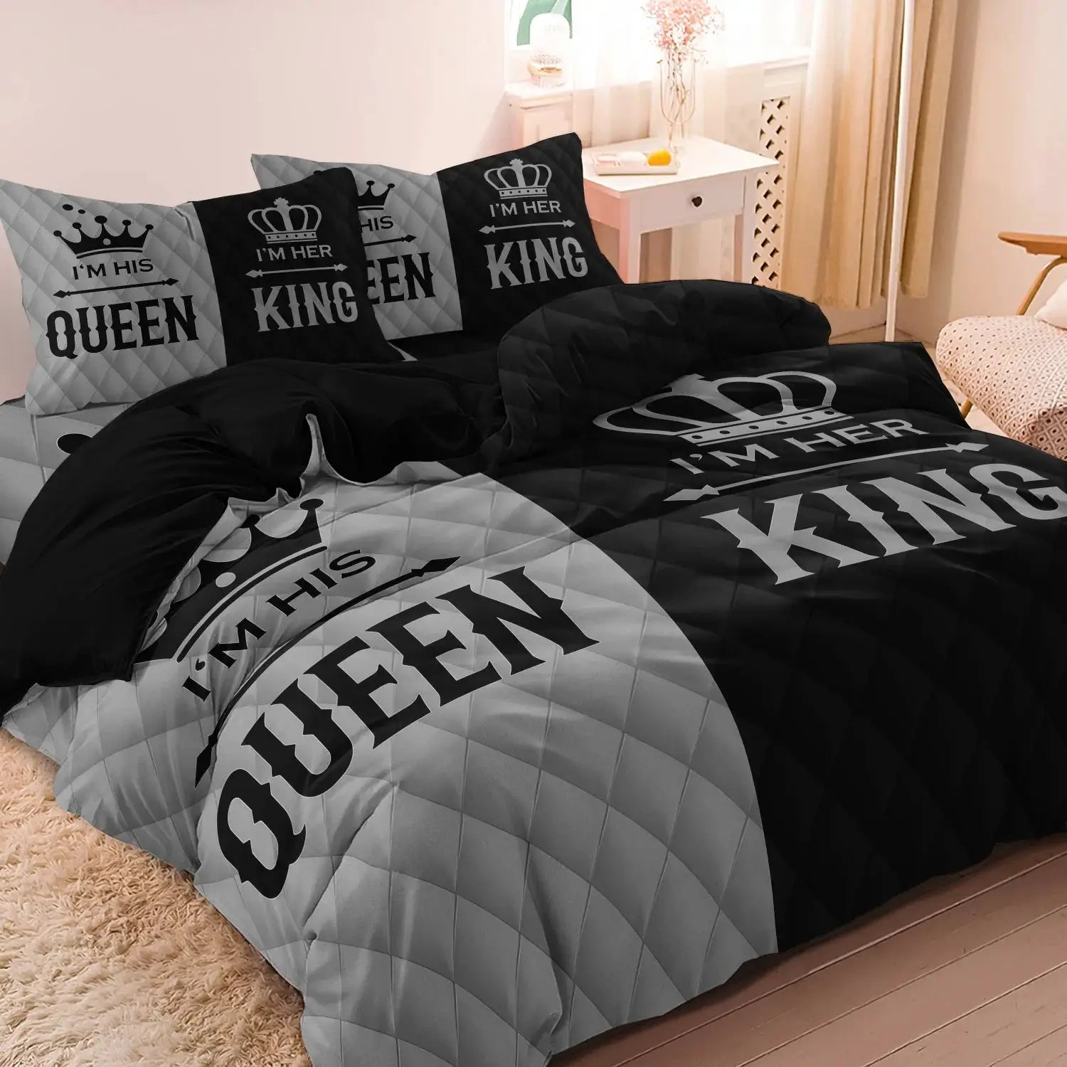 3pc duvet cover set for couples with king and queen prints in black and gray crown design