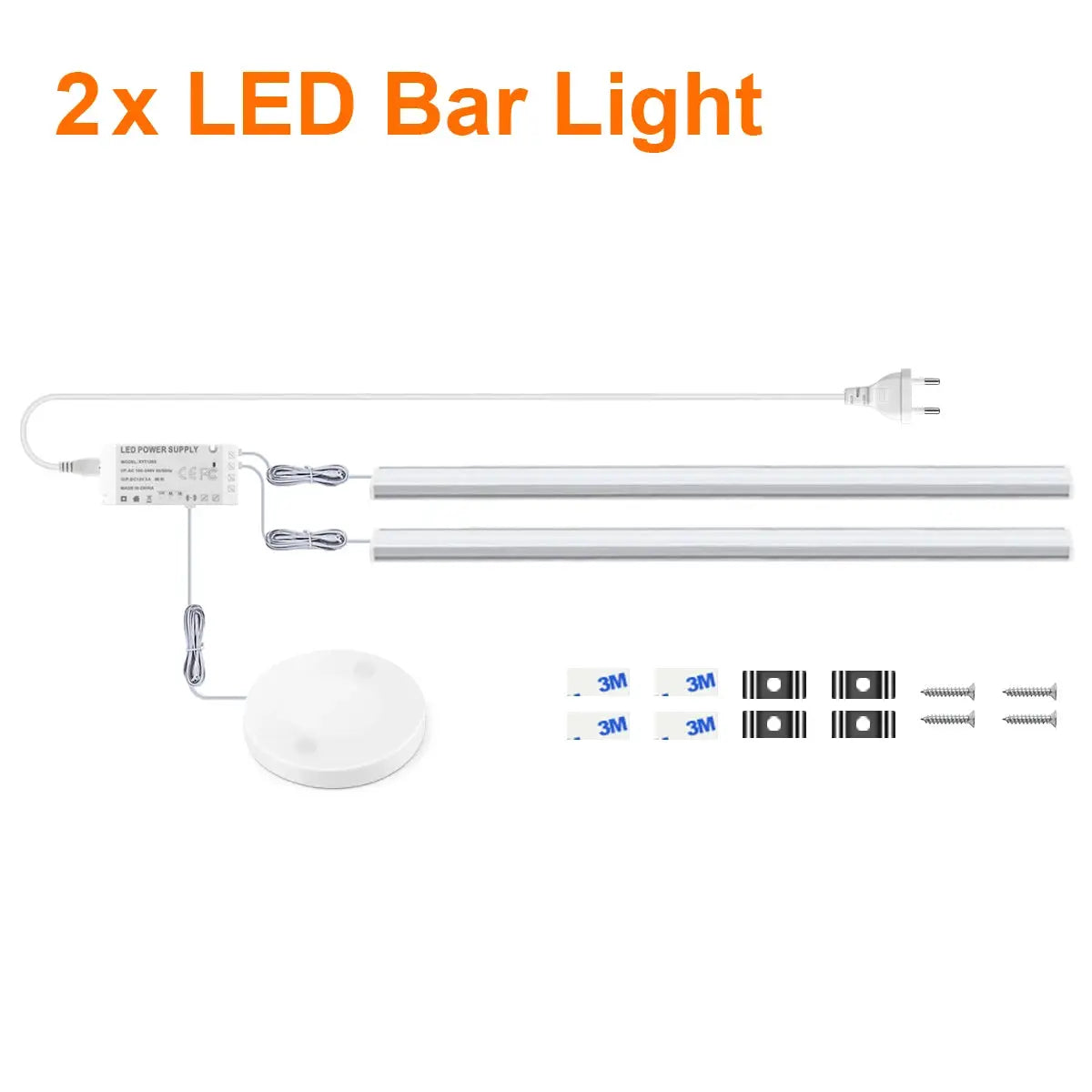 Simples Market 2-pack under-cabinet LED lights with motion sensor and dimmable touch switch; includes power supply.