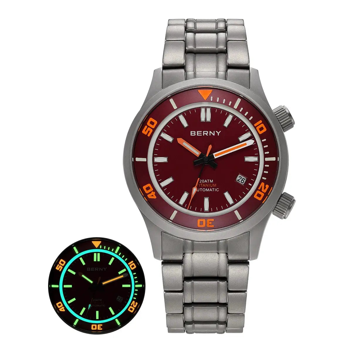 BERNY men's titanium automatic diver watch with red dial, orange bezel; steel bracelet; glow-in-the-dark inset two items.