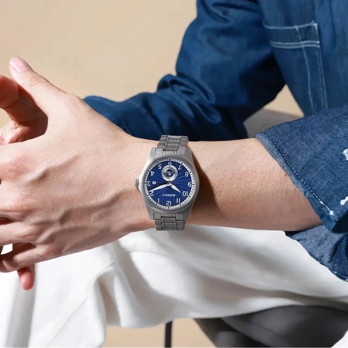 BERNY titanium automatic men's watch with blue dial, 10ATM water resistance, silver bracelet