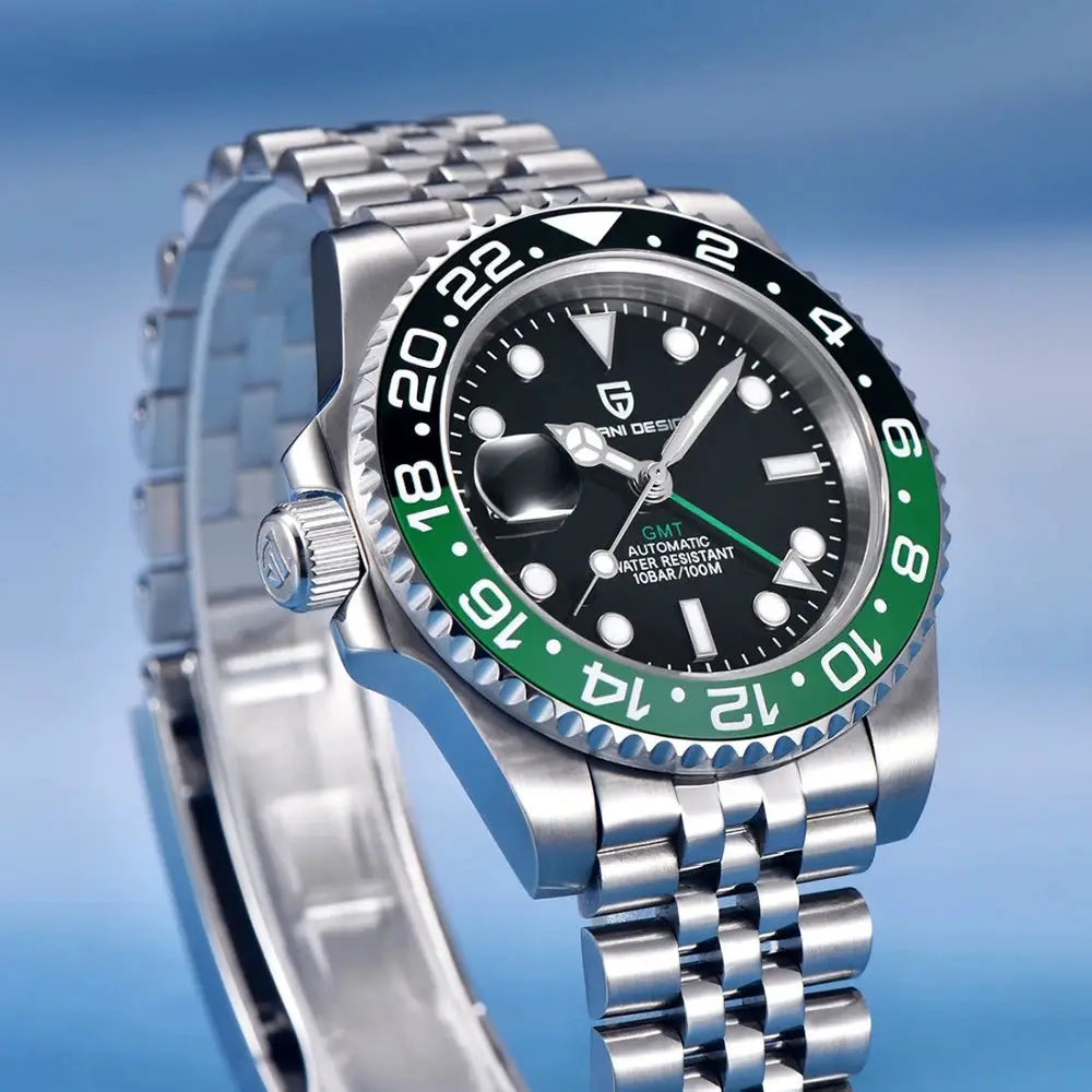 Pagani Design GMT wristwatch, 40mm, stainless steel bracelet, black dial, green/black sapphire-ceramic bezel