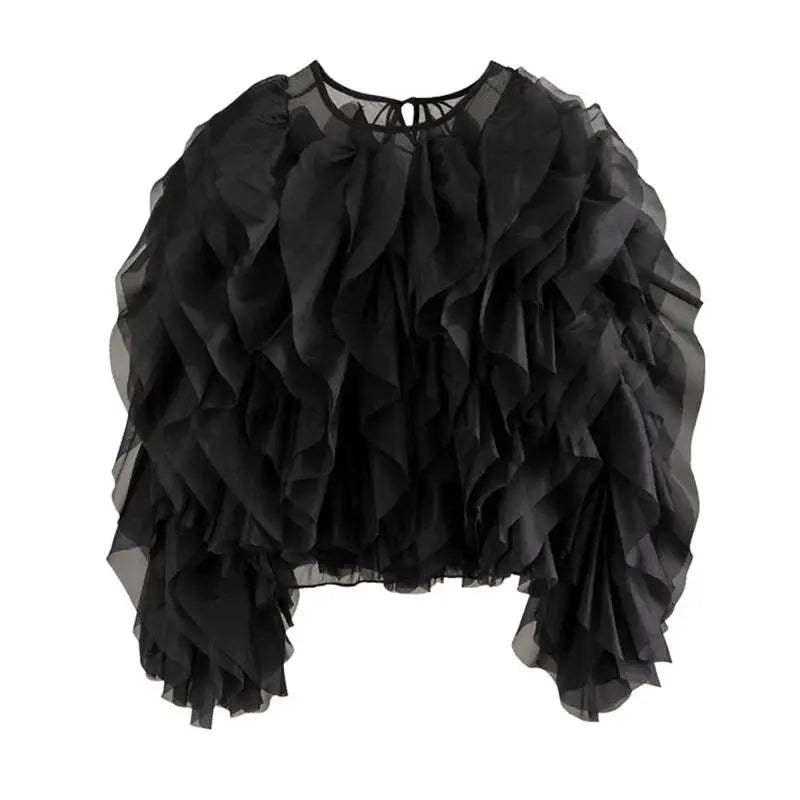 Twotwinstyle Elegant Patchwork Ruffles Chiffon Blouse O Neck Lantern