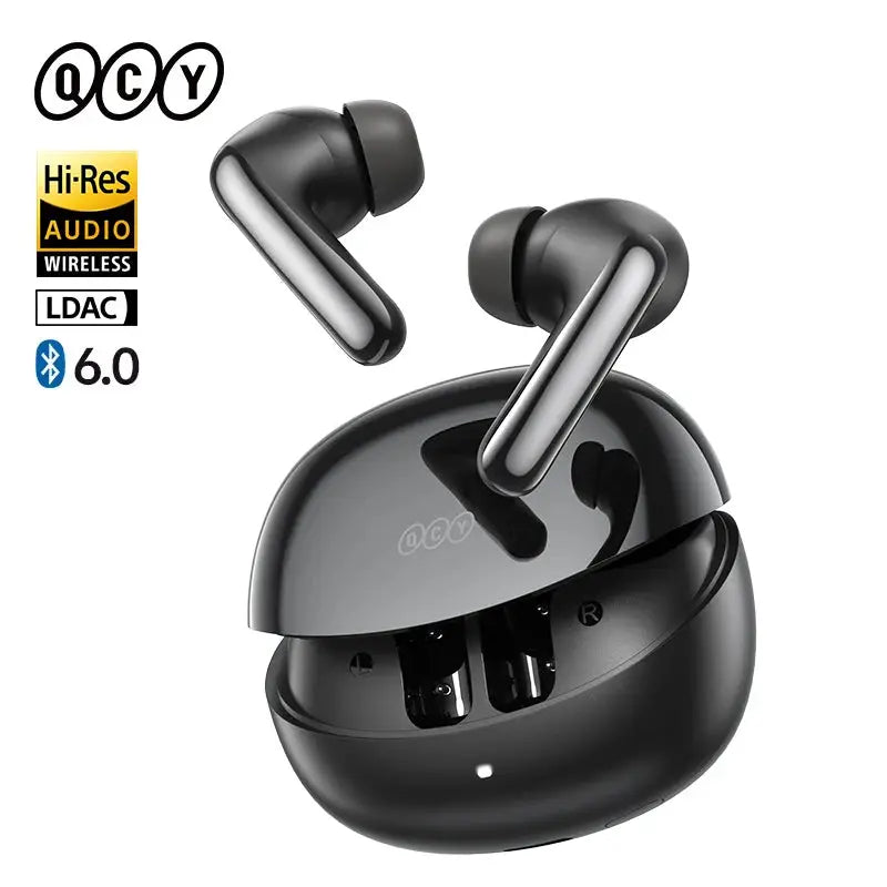 QCY MeloBuds N60 HT19 wireless earphones with black charging case; Bluetooth 6.0, LDAC and Hi-Res Audio logos visible