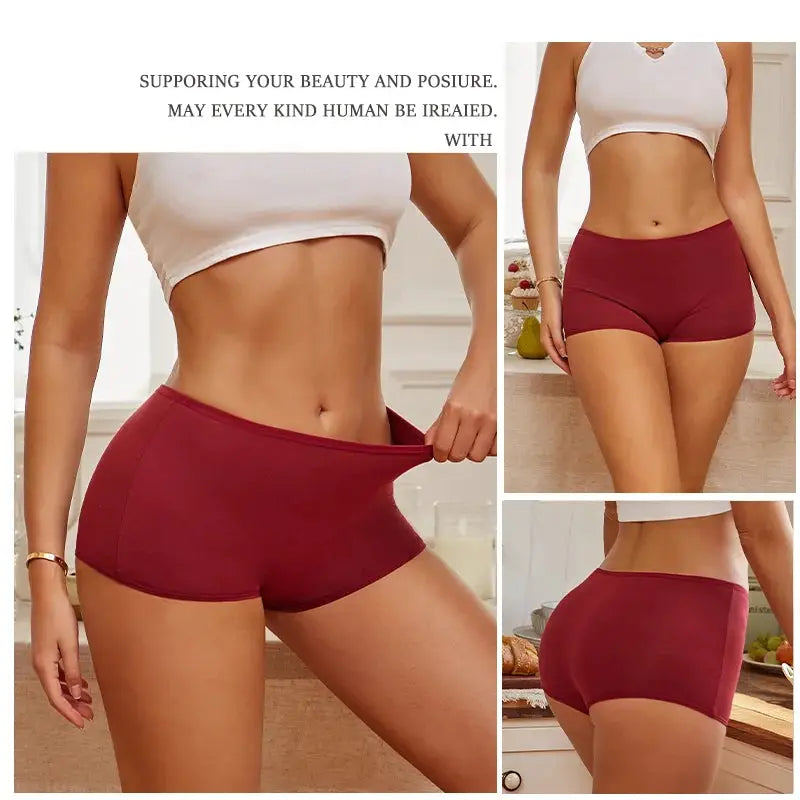 Women's seamless cotton panties in burgundy, solid color boxer briefs style underwear