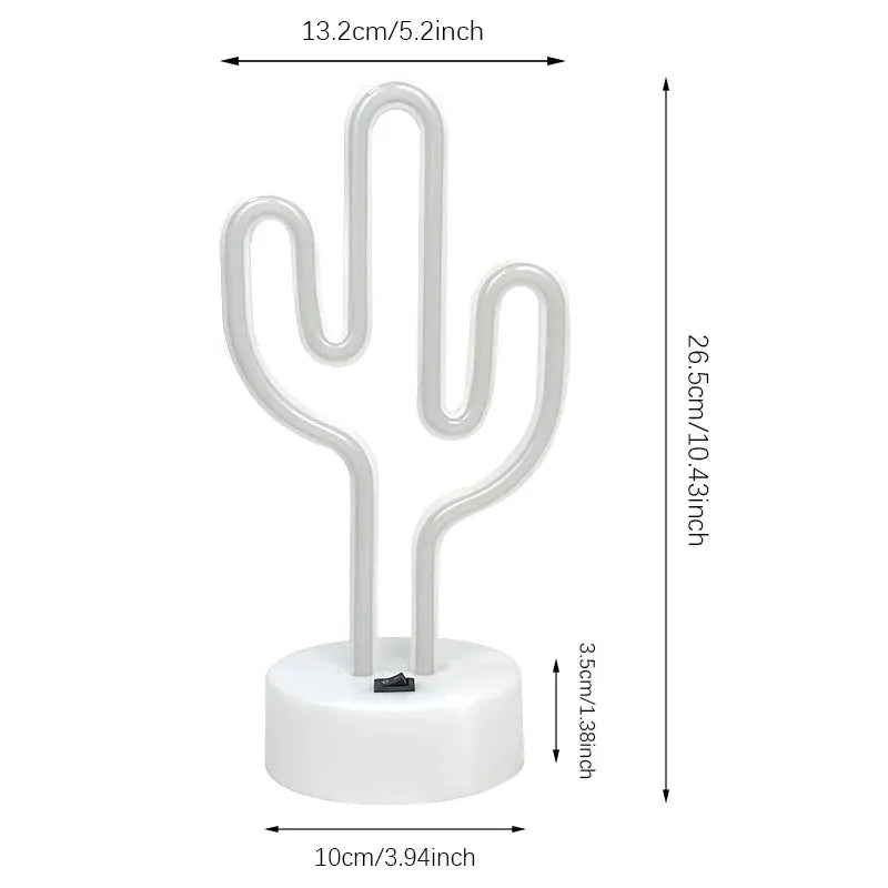 Cactus neon sign LED lamp by Simples Market, USB/battery powered, white glow on white base.
