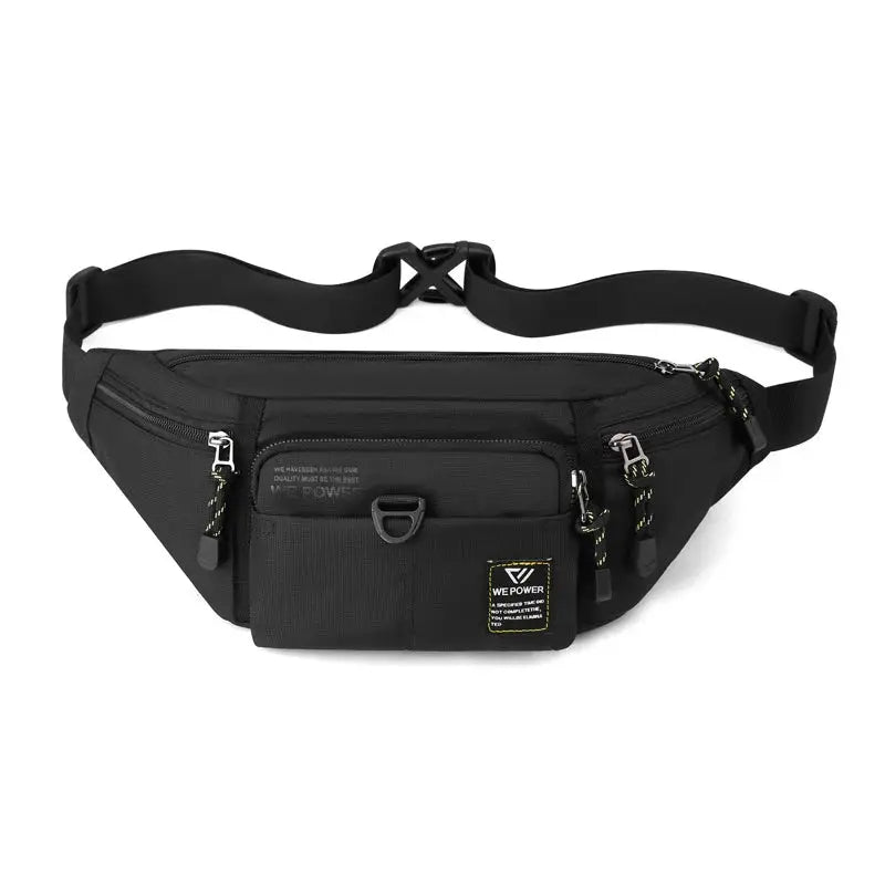 Black nylon men's waist fanny pack with multiple zip pockets and adjustable strap, WE POWER patch