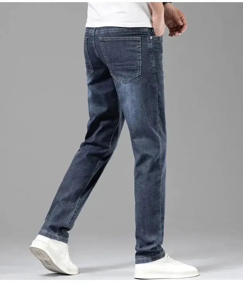 Men's blue denim jeans, straight-leg casual pants with back pockets