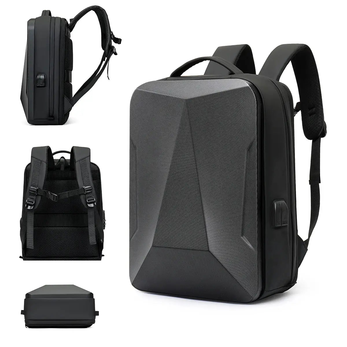 Backpack Simples Market hard-shell travel bag, black with gray front panel, expandable laptop backpack