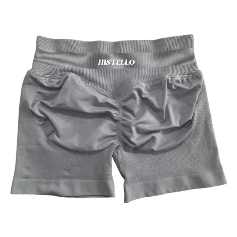 HISTELLO sports shorts for women, gray low waist seamless scrunch, breathable stretch fabric