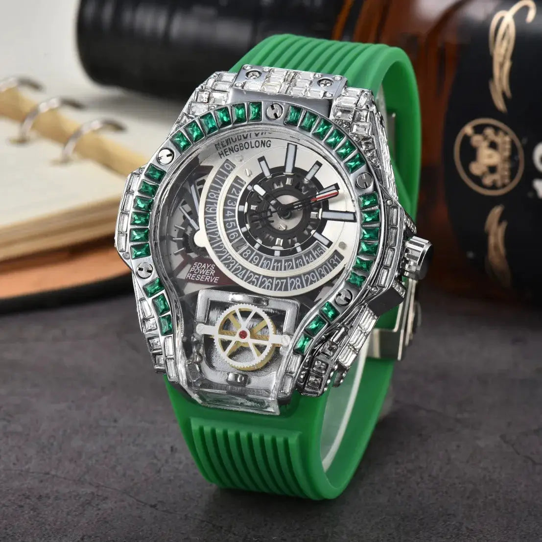 Simples Market men's luxury watch with diamond-studded case, emerald bezel, and green silicone strap