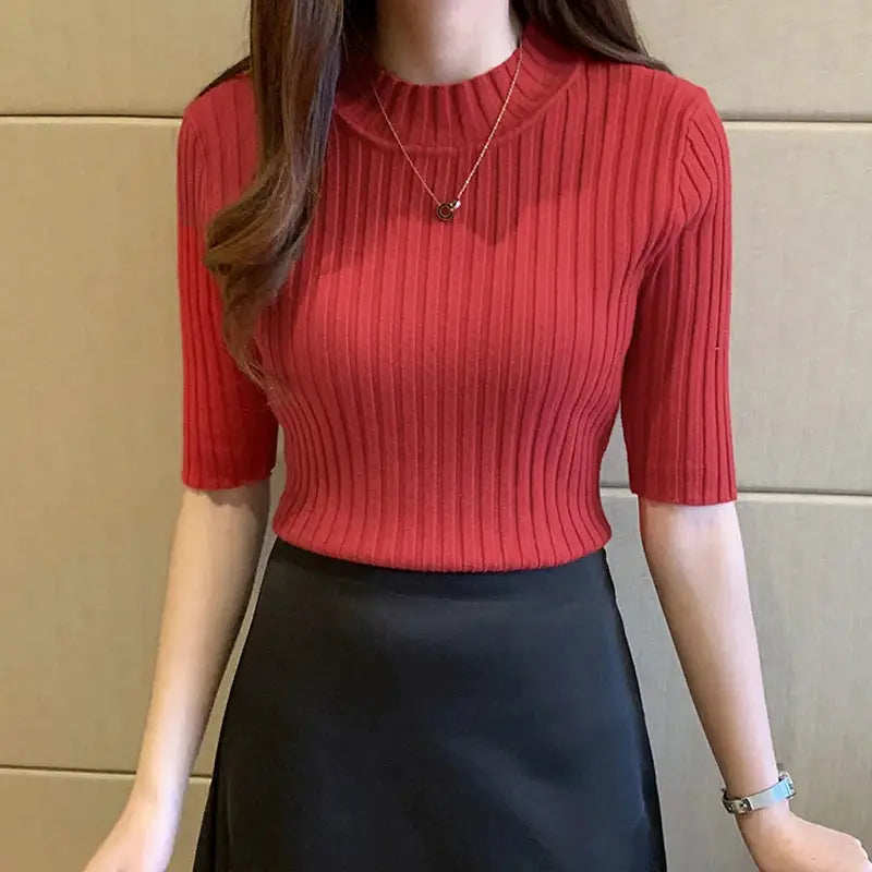 Red ribbed knit blouse for women, short sleeves, crew neck, Simples Market