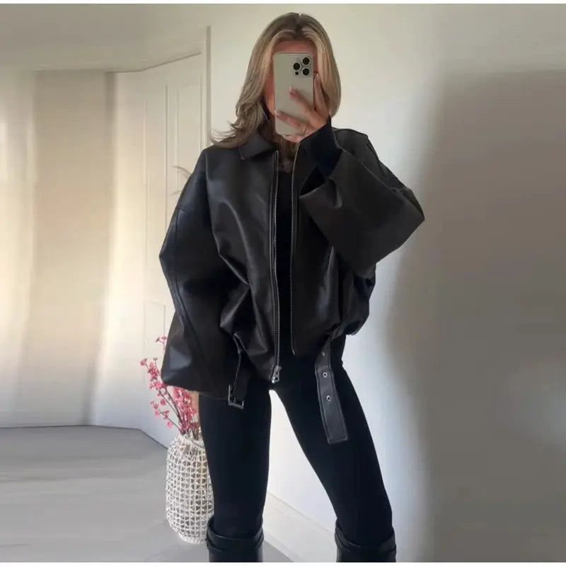 LuxeWear Vintage Womens PU Leather Bomber Jacket With Zipper Closure And Belted Lapel For Stylish Autumn Streetwear
