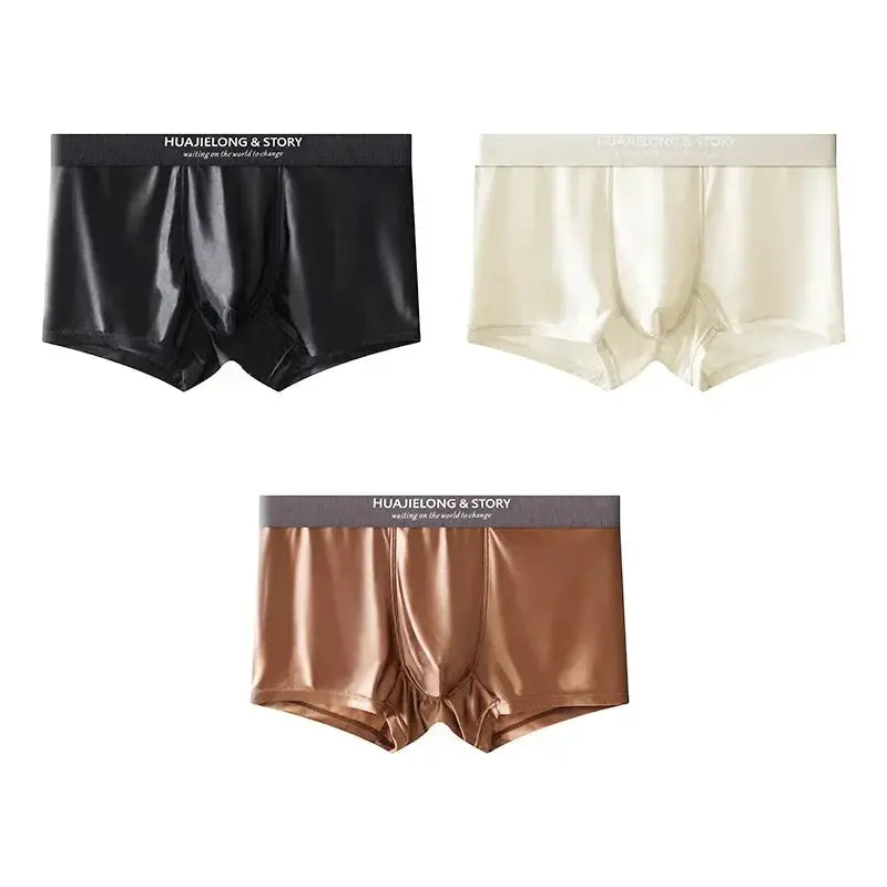 Men's 3-pack satin-like ice silk boxers by Simples Market in black, beige, and bronze with breathable mesh crotch.