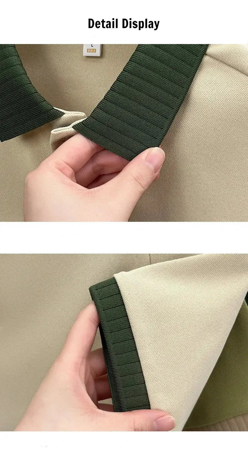 Men's beige polo shirt with dark green ribbed collar and cuffs; close-up detail