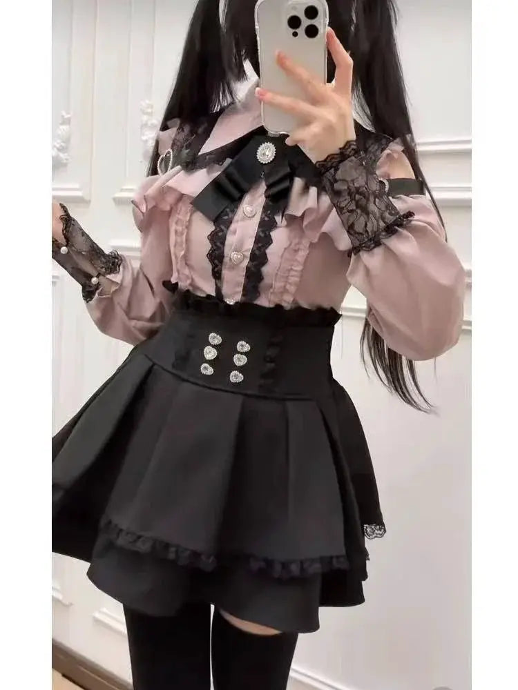 Japanese Gothic Lolita Dress Set Women Harajuku Y2K Bow Lace Ruffles